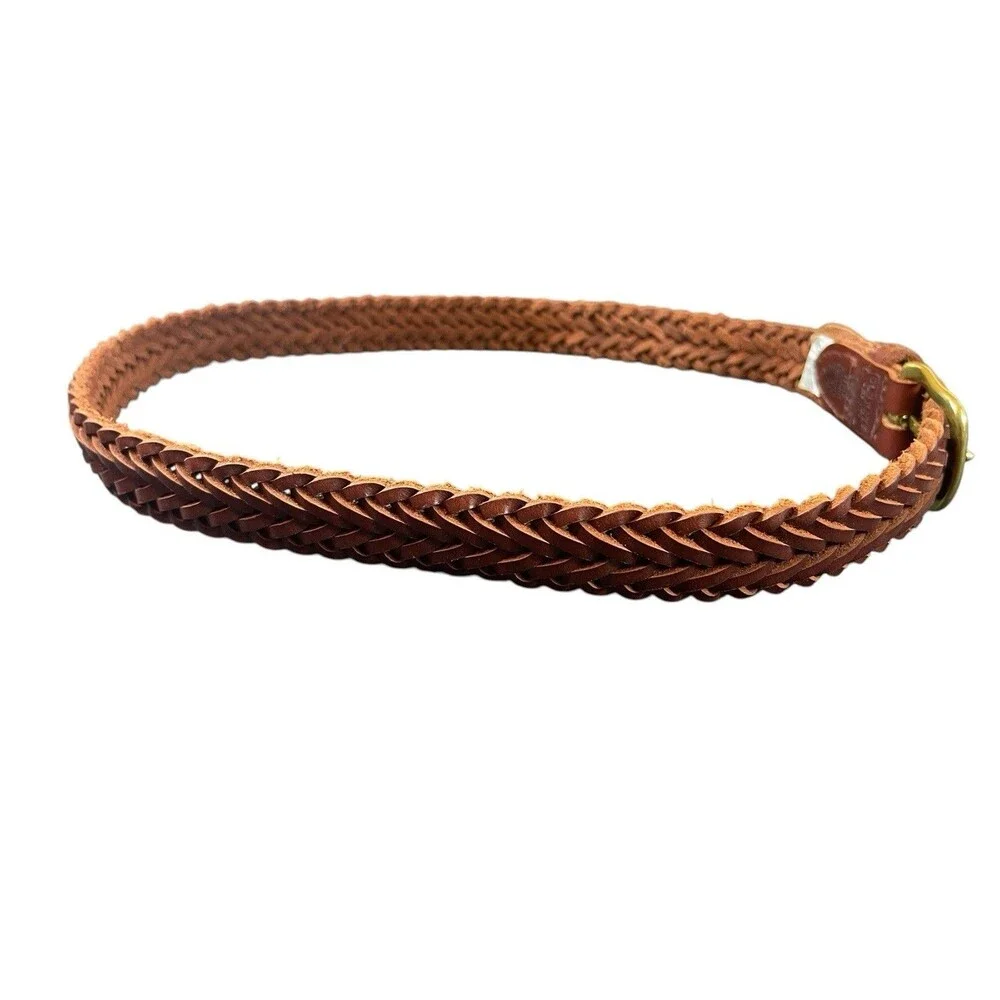VTG Old Navy Kids Brown Braided Leather Belt Brass Buckle Woven Size L Y2K